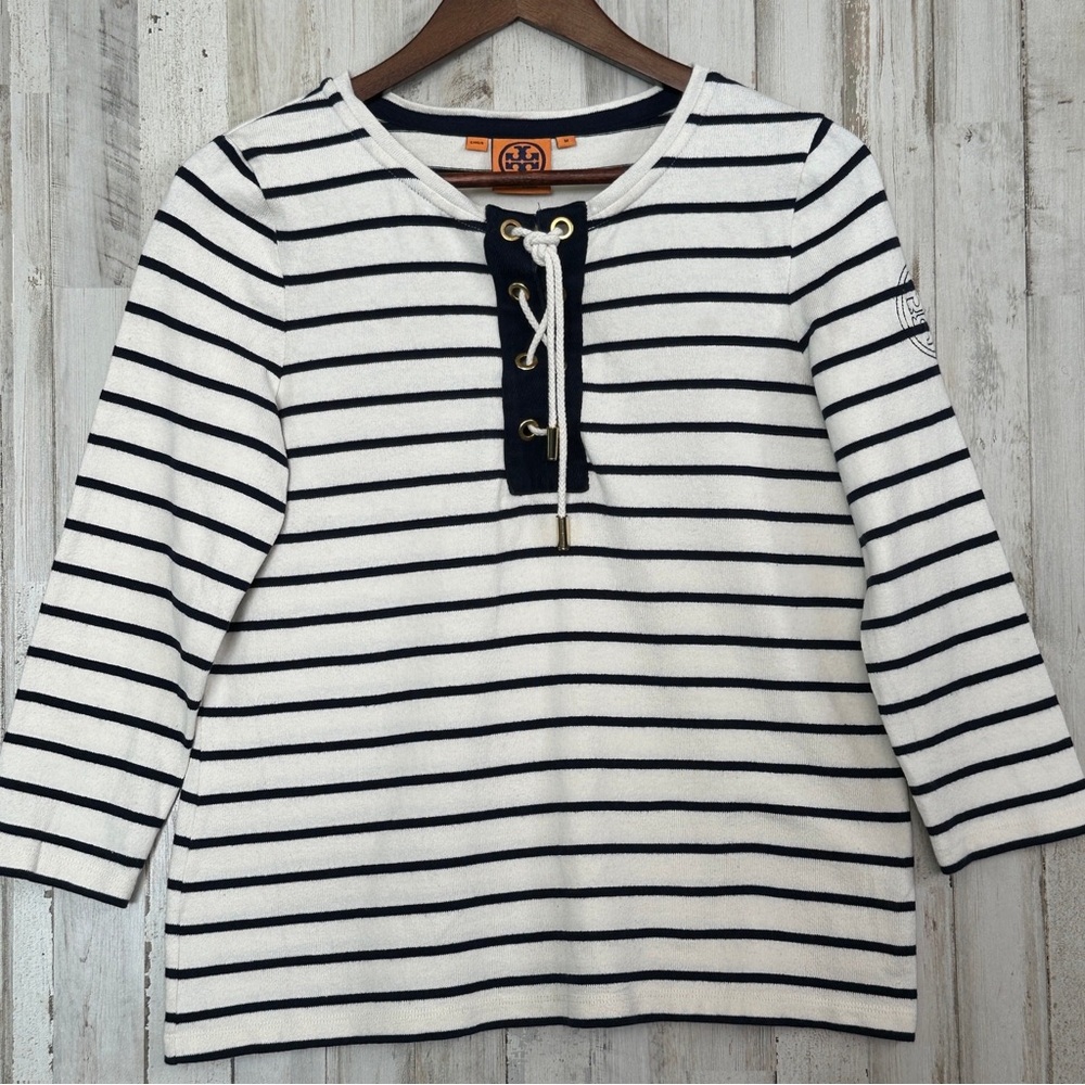 Tory Burch Navy and White Striped Long Sleeve Top M